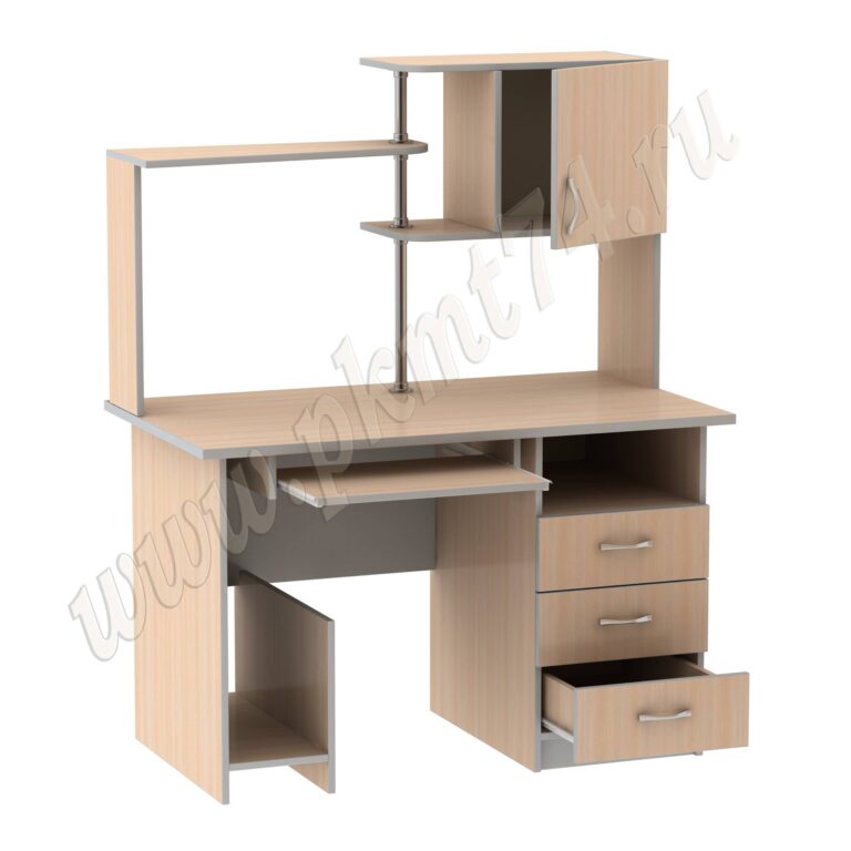 Стол компьютерный с полками МТ 07-11 Молочный-Алюминий